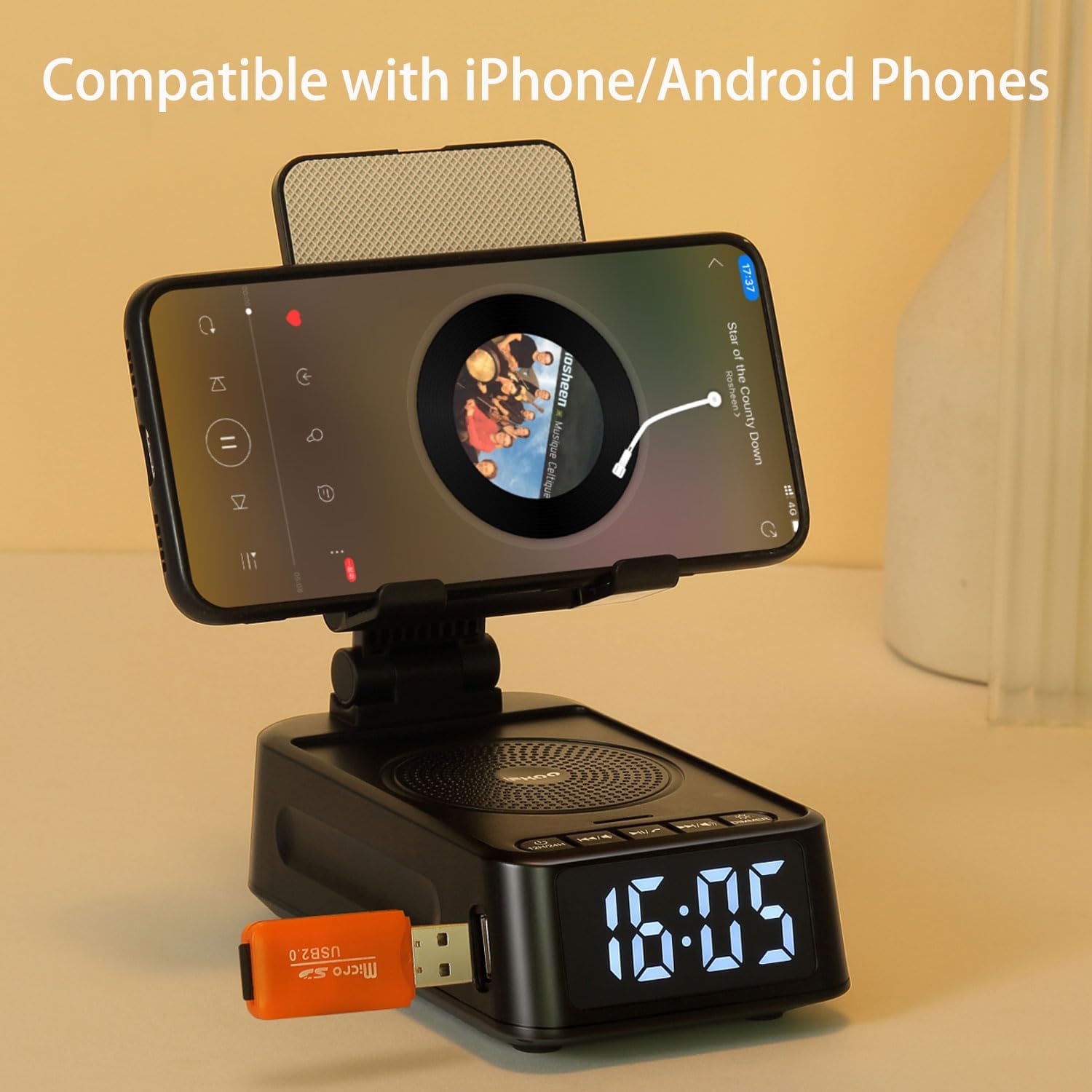 Phone Stand with Bluetooth Speaker Clock